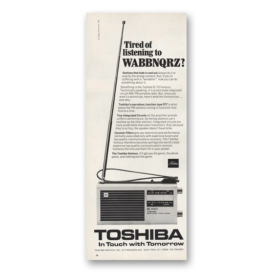 1970 Toshiba Radio Tired of Listening to WABBNQRZ Vintage Magazine Print Ad