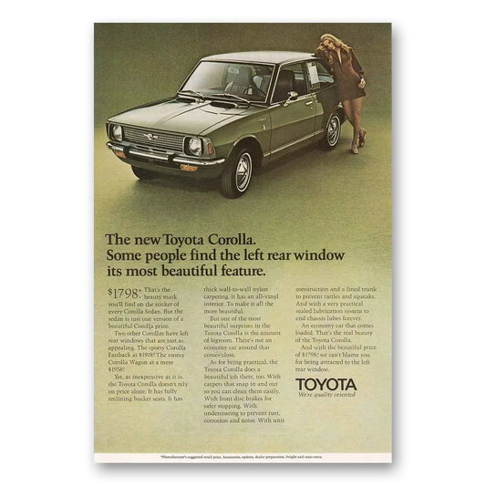 1970 Toyota Corolla Left Rear Window Vintage Magazine Print Ad