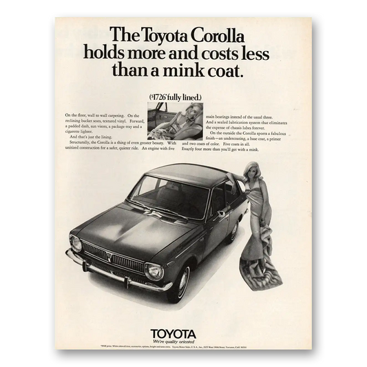 1970 Toyota Corolla Holds More Costs Less Than Mink Coat Vintage Magazine Print Ad