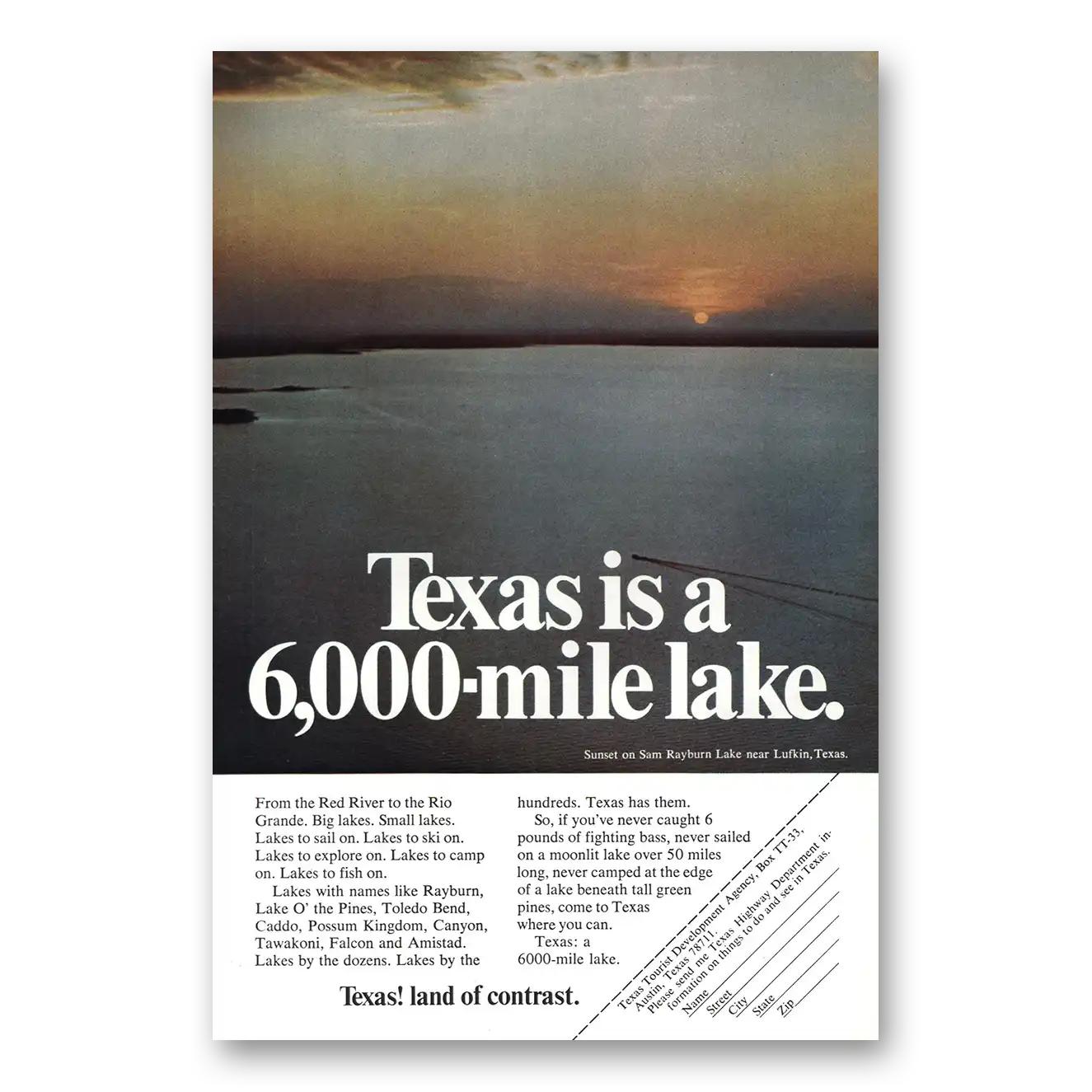 1970 Texas Texas Is 6000 Mile Lake Vintage Magazine Print Ad