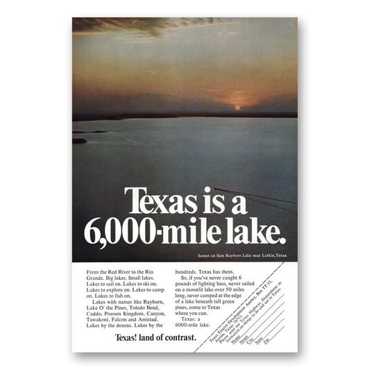 1970 Texas Texas Is 6000 Mile Lake Vintage Magazine Print Ad