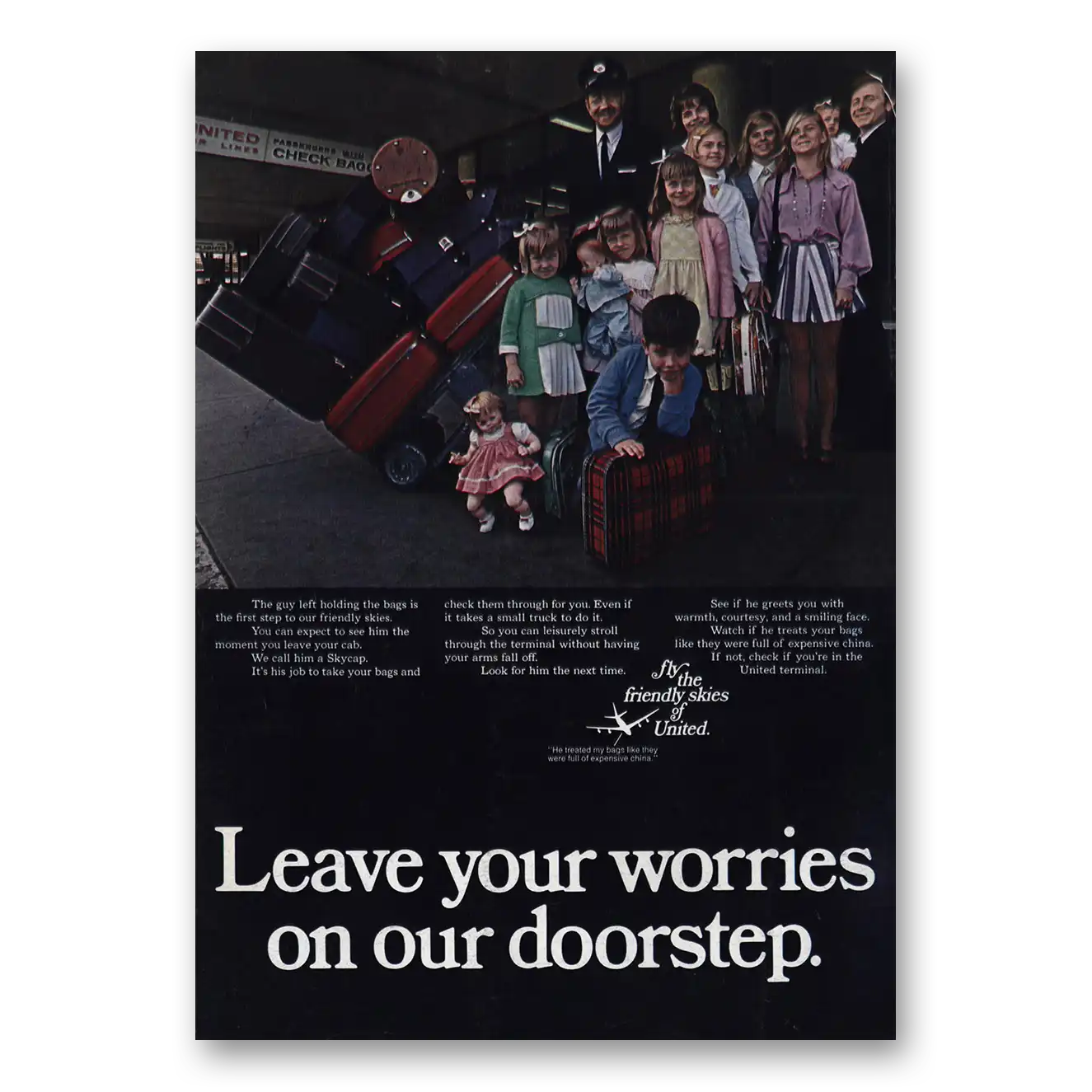 1970 United Airlines Leave Your Worries On Our Doorstep Vintage Magazine Print Ad