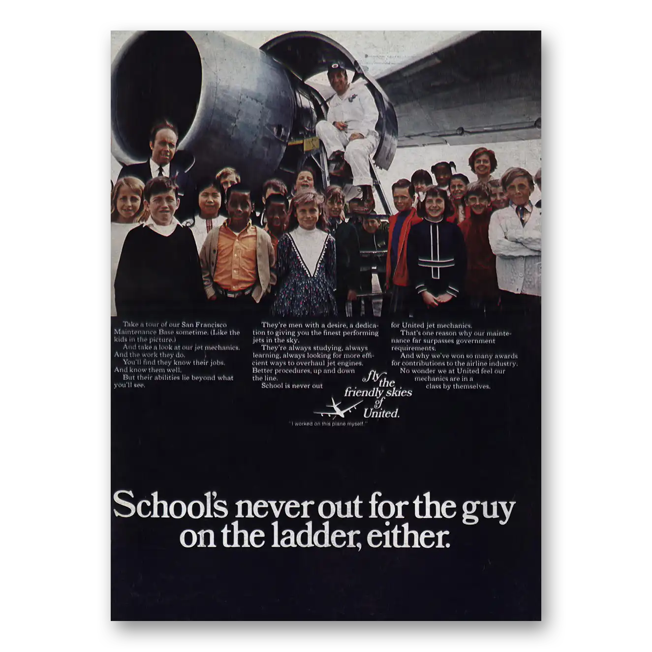 1970 United Airlines Schools Never Out for the Guy On the Ladder Vintage Magazine Print Ad