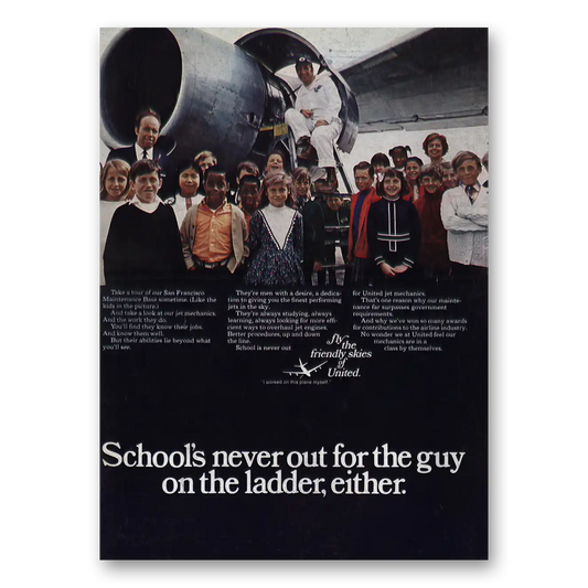 1970 United Airlines Schools Never Out for the Guy On the Ladder Vintage Magazine Print Ad