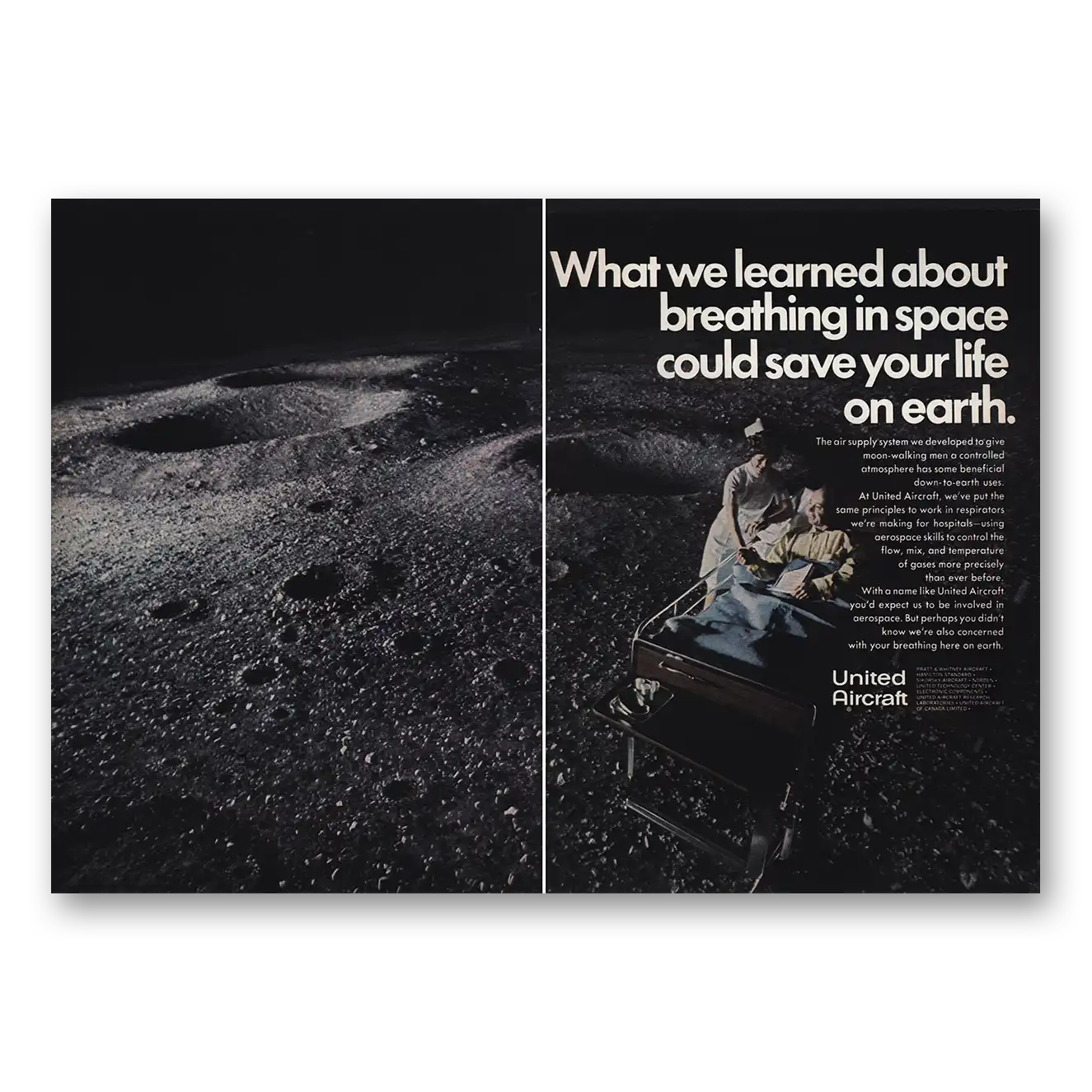 1970 United Aircraft We Learned About Breathing In Space Vintage Magazine Print Ad