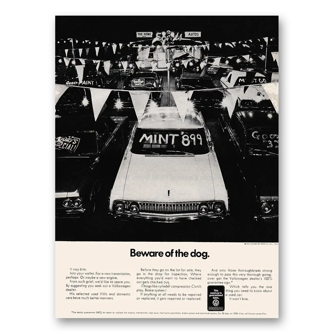 1970 Volkswagen Beware of the Dog Vintage Magazine Print Ad