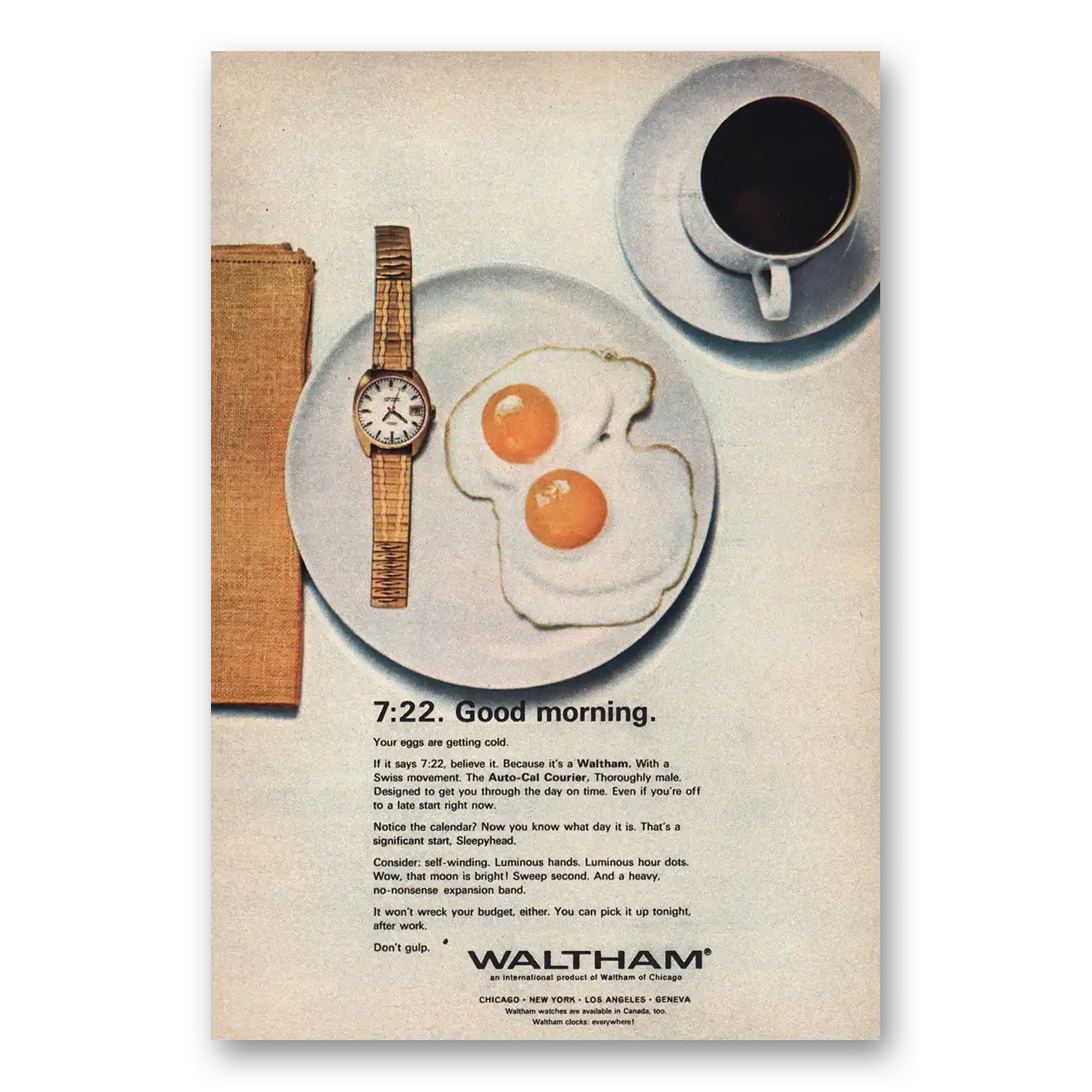 1970 Waltham Watch Good Morning Vintage Magazine Print Ad