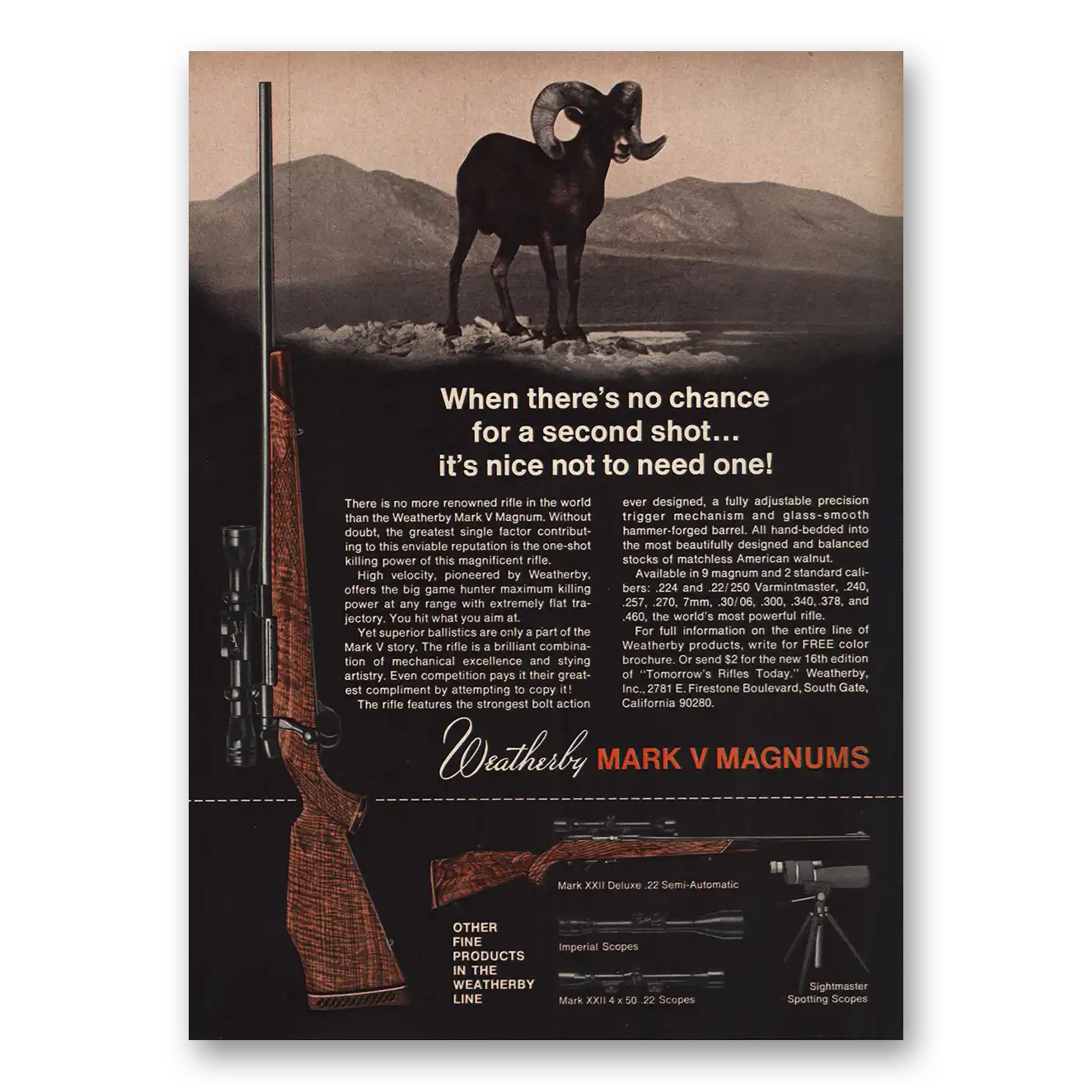 1970 Weatherby Rifles Mark V Magnums No Chance for Second Shot Vintage Magazine Print Ad