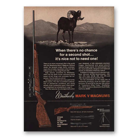 1970 Weatherby Rifles Mark V Magnums No Chance for Second Shot Vintage Magazine Print Ad