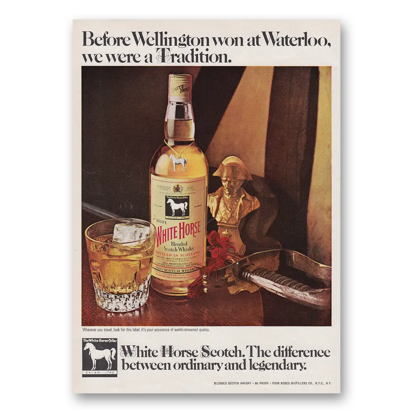 1970 White Horse Scotch Whisky Before Wellington Won at Waterloo Vintage Magazine Print Ad