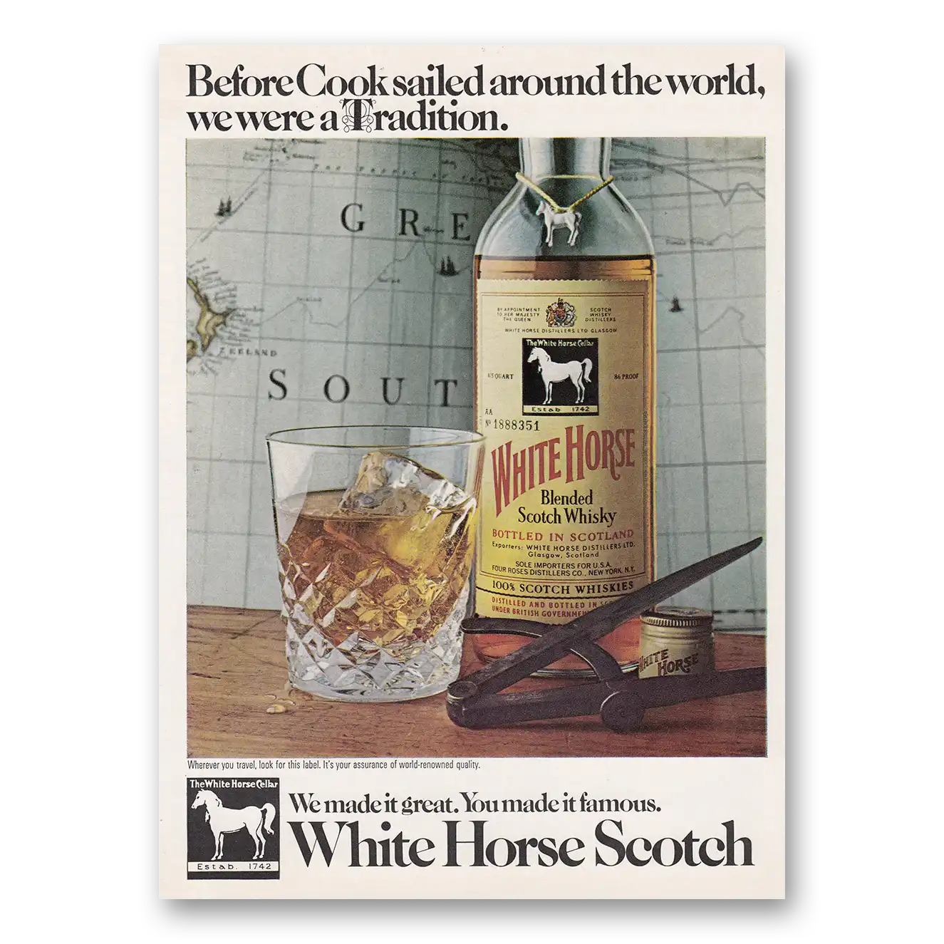 1970 White Horse Scotch Whisky Before Cook Sailed Around the World Vintage Magazine Print Ad