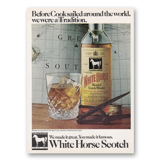 1970 White Horse Scotch Whisky Before Cook Sailed Around the World Vintage Magazine Print Ad