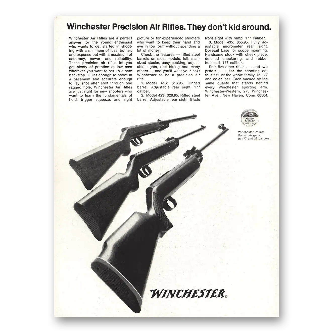 1970 Winchester Repeating Arms Precision Air Rifles They Don’t Kid Around Vintage Magazine Print Ad