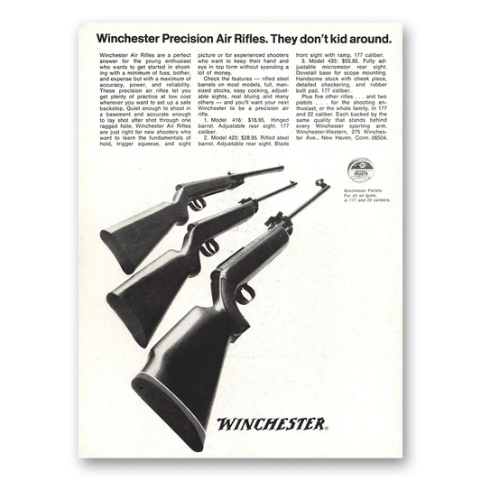 1970 Winchester Repeating Arms Precision Air Rifles They Don’t Kid Around Vintage Magazine Print Ad