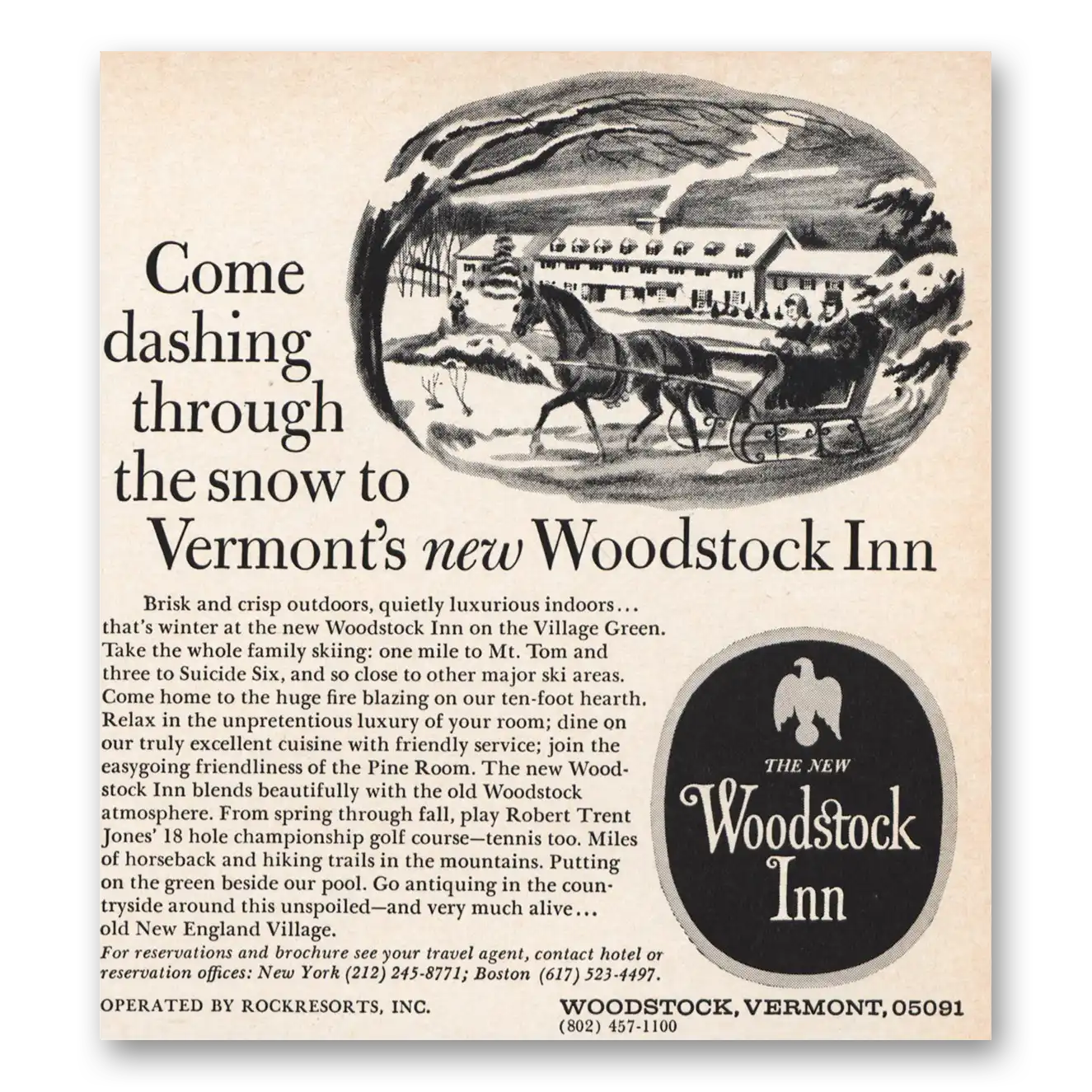 1970 Woodstock Inn Dashing Through the Snow Vintage Magazine Print Ad