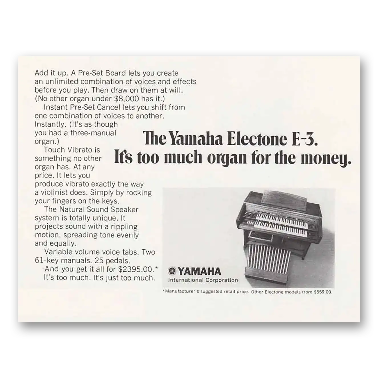 1970 Yamaha Electone Organ E3 Too Much Organ Vintage Magazine Print Ad