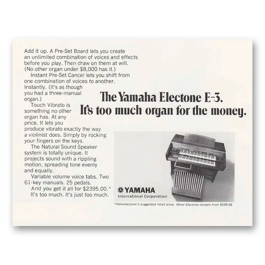 1970 Yamaha Electone Organ E3 Too Much Organ Vintage Magazine Print Ad