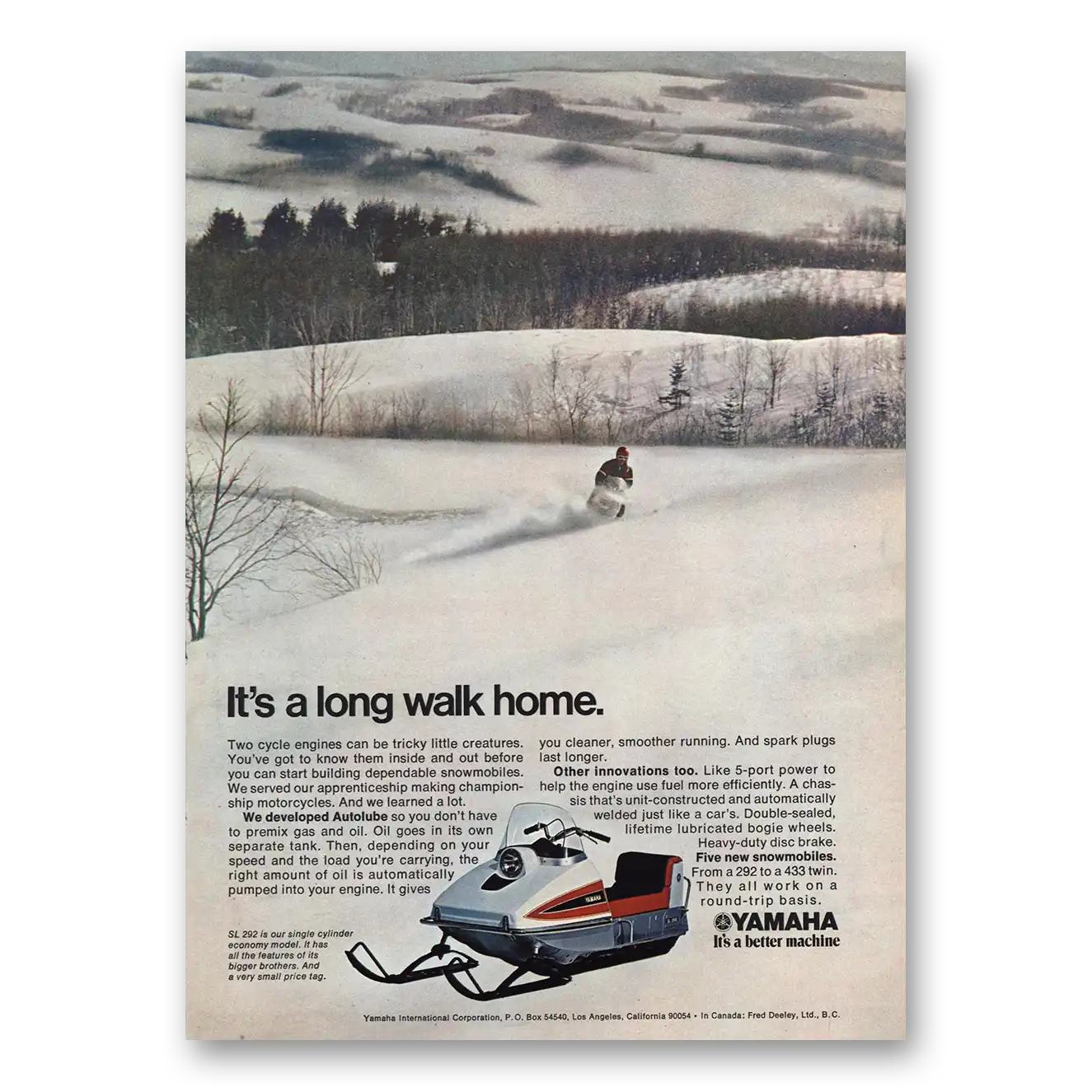 1970 Yamaha Snowmobile Long Walk Home Vintage Magazine Print Ad