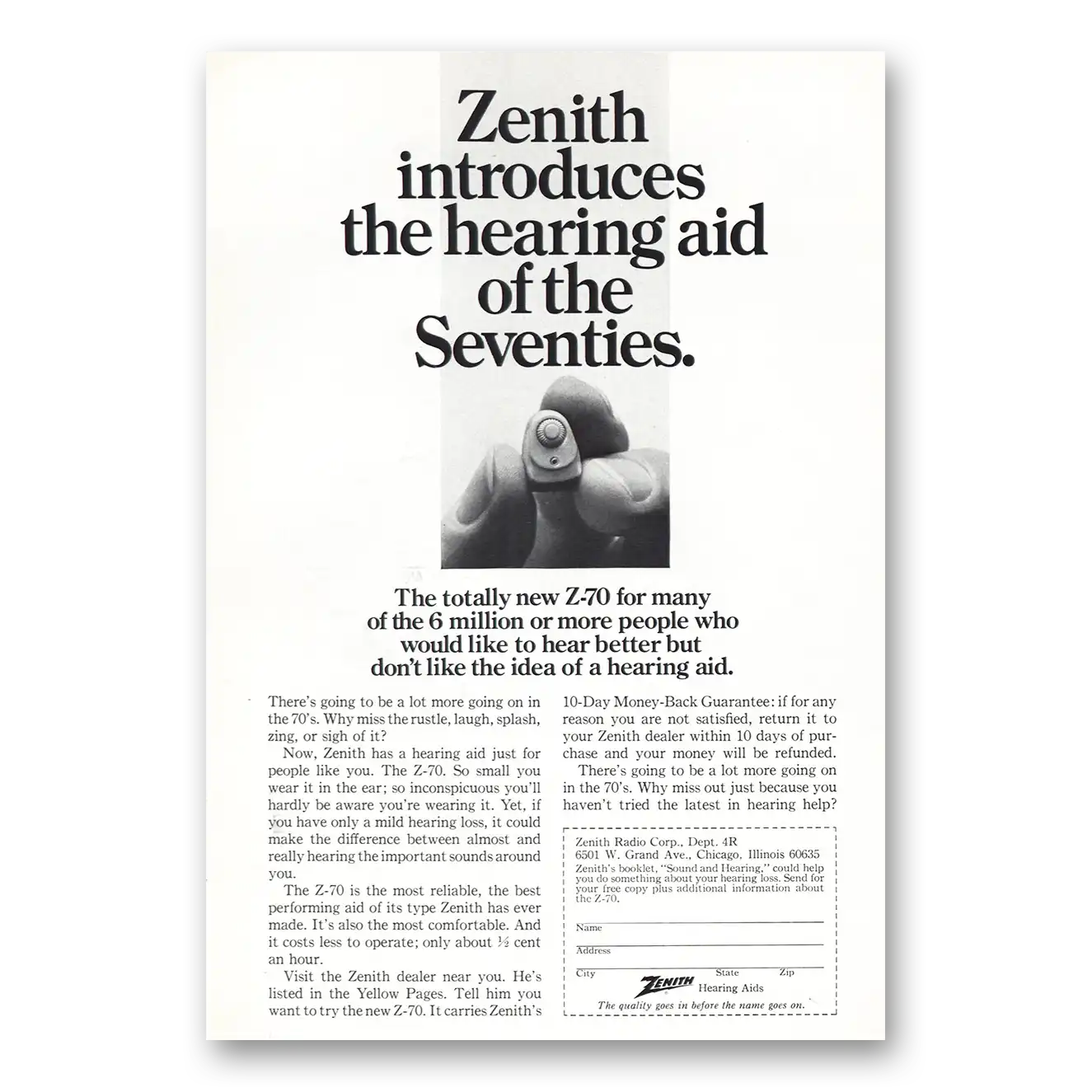 1970 Zenith Hearing Aid Hearing Aid of the Seventies Vintage Magazine Print Ad