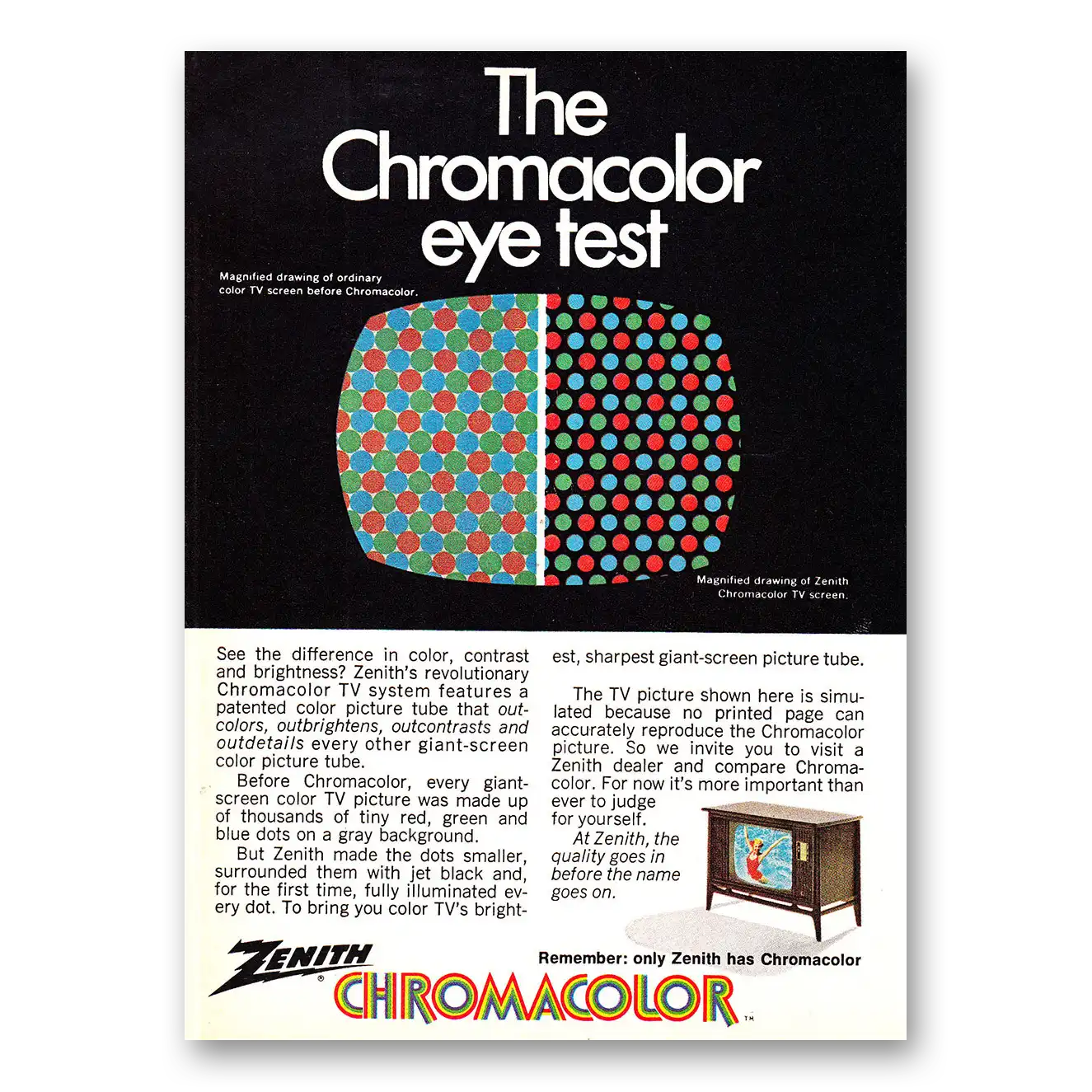 1970 Zenith Television Chromacolor Eye Test Vintage Magazine Print Ad