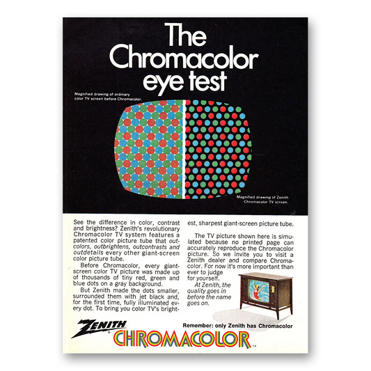 1970 Zenith Television Chromacolor Eye Test Vintage Magazine Print Ad