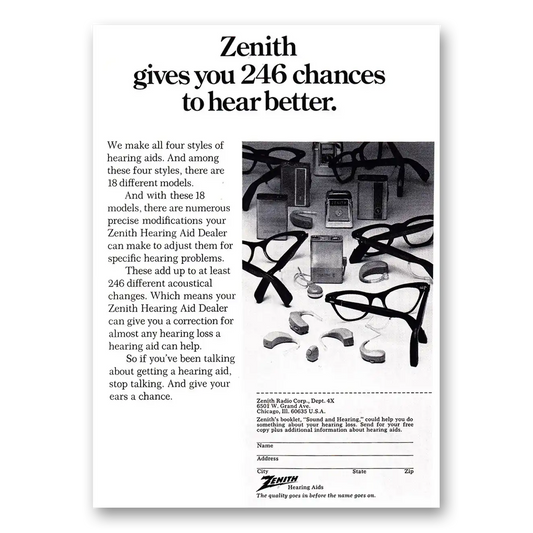 1970 Zenith Hearing Aid Gives You 246 Chances to Hear Better Vintage Magazine Print Ad