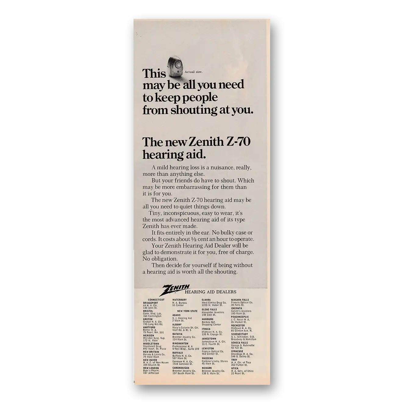 1970 Zenith Hearing Aid Keep People From Shouting At You Vintage Magazine Print Ad