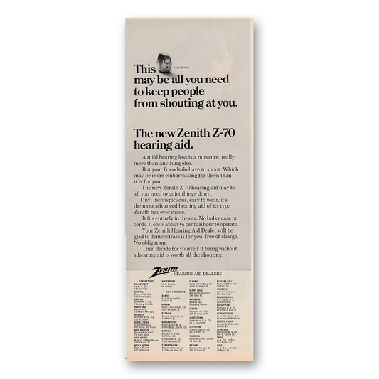 1970 Zenith Hearing Aid Keep People From Shouting At You Vintage Magazine Print Ad