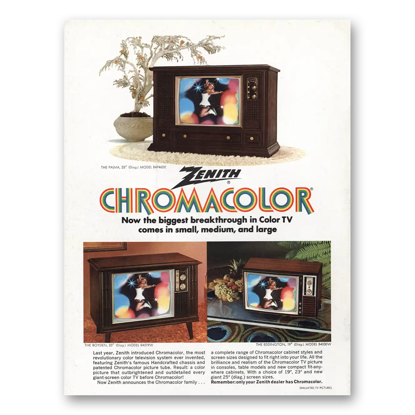 1970 Zenith Television Chromacolor TV Biggest Breakthrough Color TV Vintage Magazine Print Ad