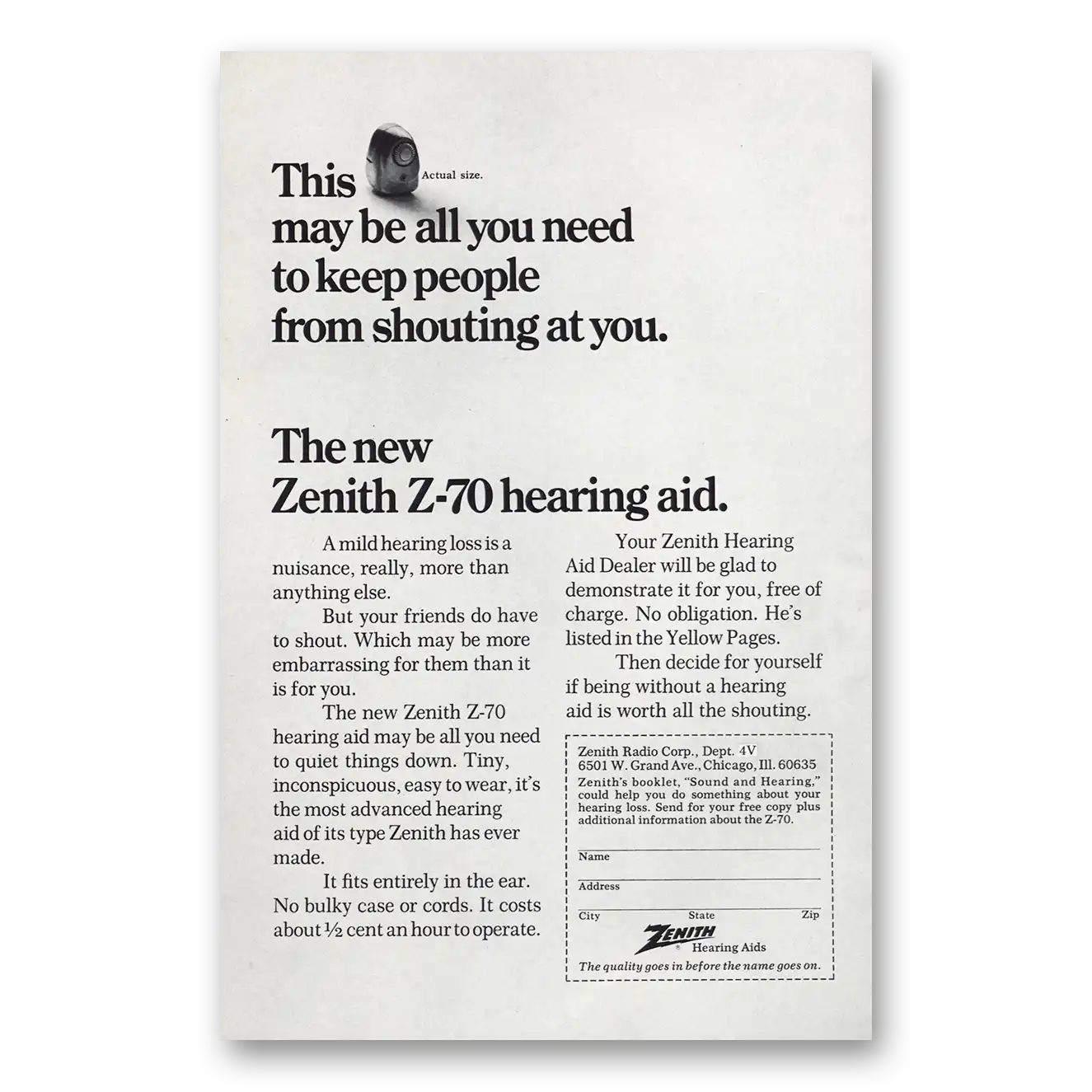 1970 Zenith Hearing Aid Keep People From Shouting At You Vintage Magazine Print Ad