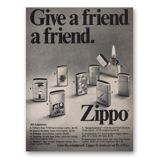 1970 Zippo Lighter Give a Friend a Friend Vintage Magazine Print Ad