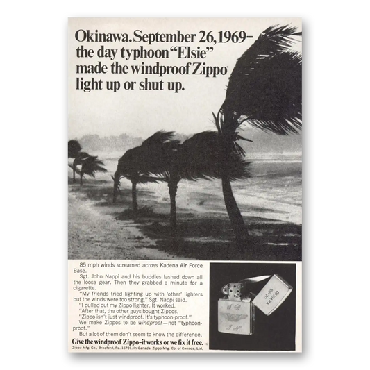 1970 Zippo Lighter Okinawa Typhoon Elsie Light Up or Shut Up Vintage Magazine Print Ad