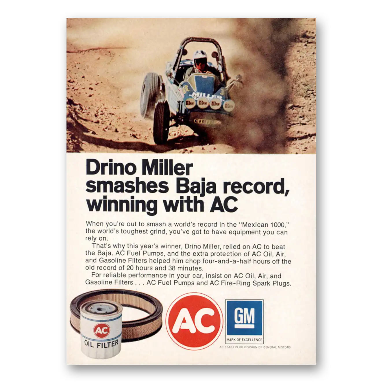 1971 AC Oil Filter Drino Miller Smashes Baja Record Vintage Magazine Print Ad