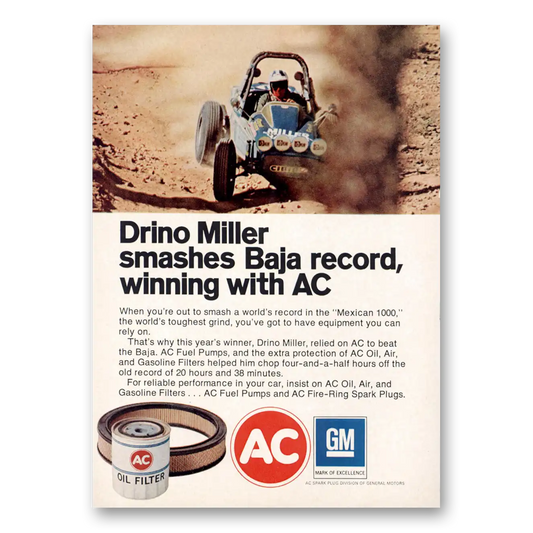 1971 AC Oil Filter Drino Miller Smashes Baja Record Vintage Magazine Print Ad