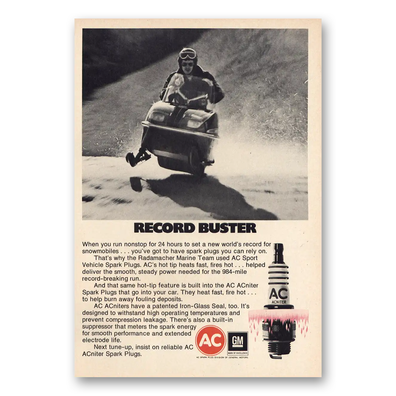 1971 AC Spark Plugs Record Buster Vintage Magazine Print Ad