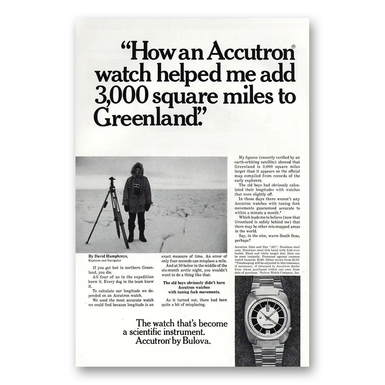 1971 Accutron Watch Helped Me Add 3000 Square Miles to Greenland Vintage Magazine Print Ad