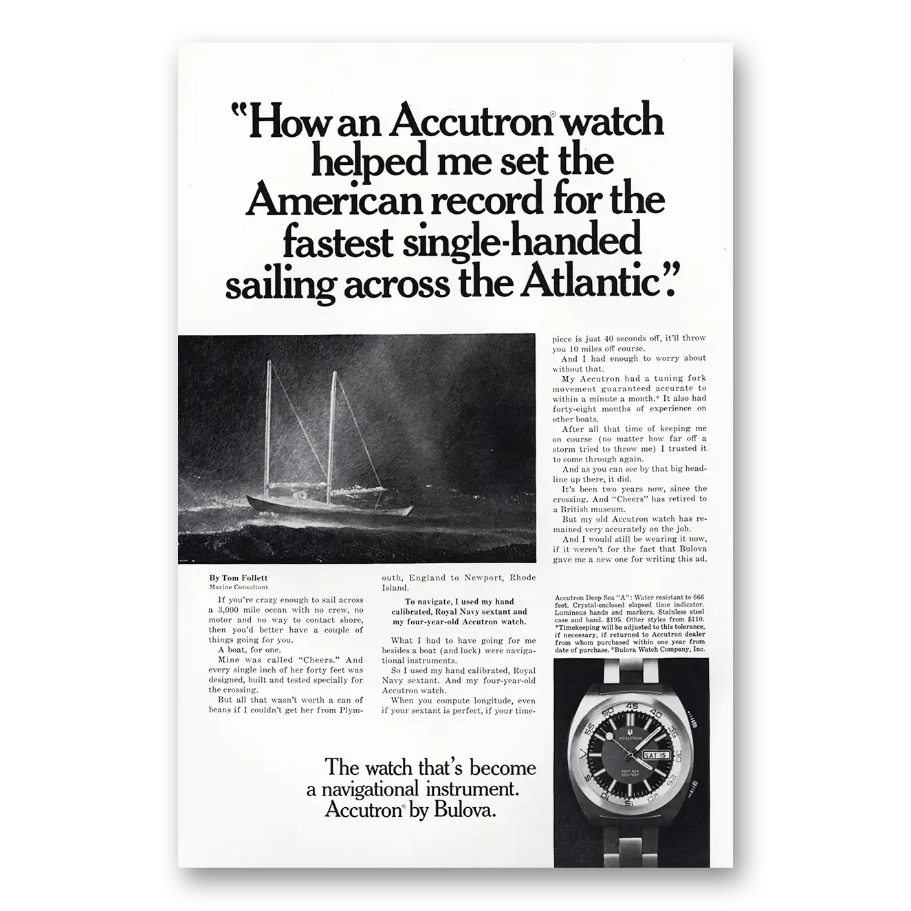 1971 Accutron Watch Fastest Single Handed Sailing Vintage Magazine Print Ad