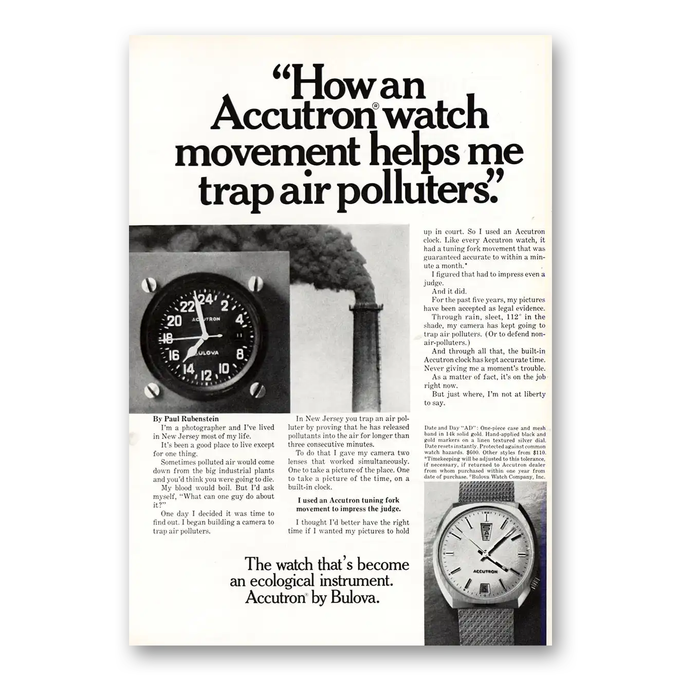 1971 Accutron Watch Helps Me Trap Air Polluters Vintage Magazine Print Ad