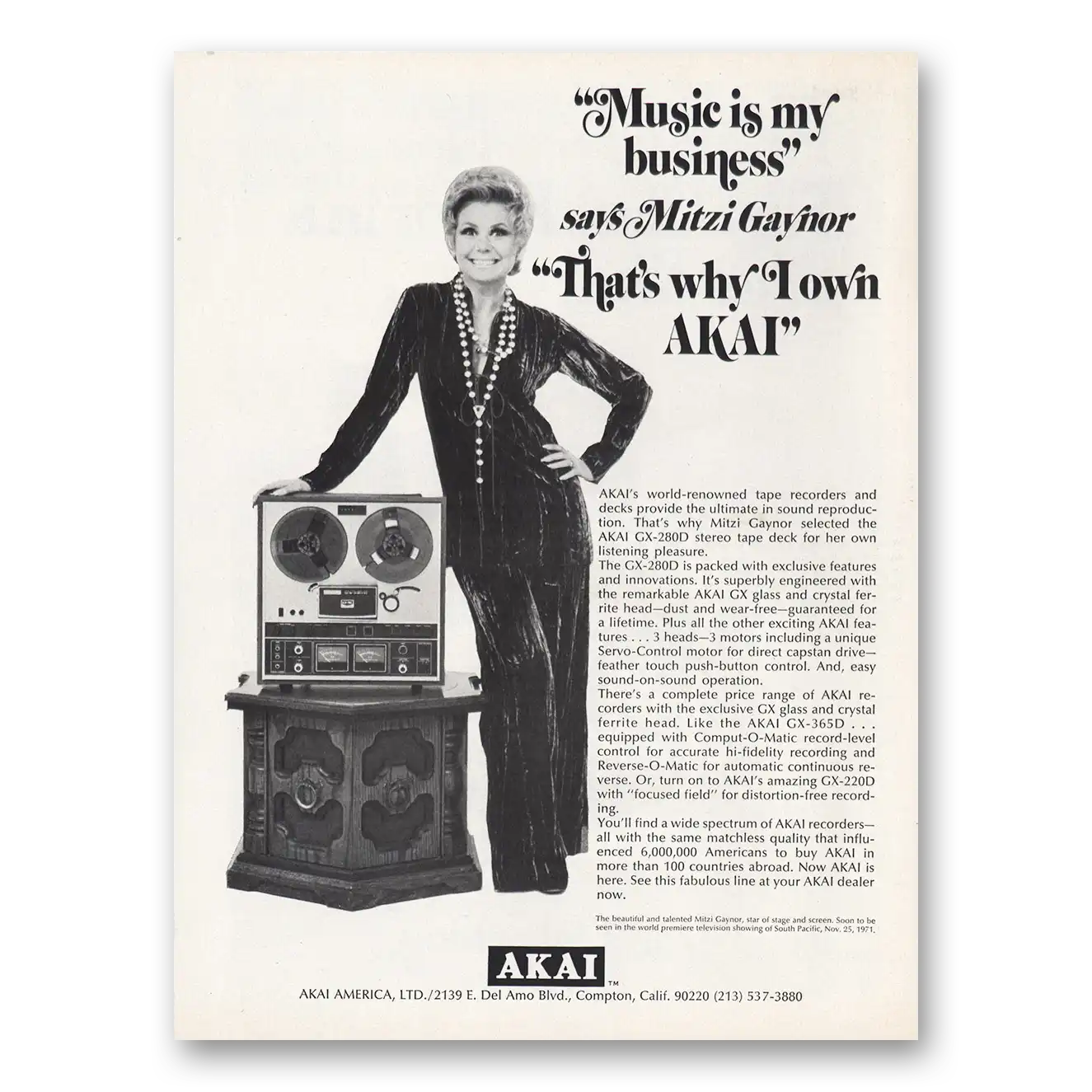 1971 Akai Stereo Tape Deck Music Is My Business Mitzi Gaynor Vintage Magazine Print Ad