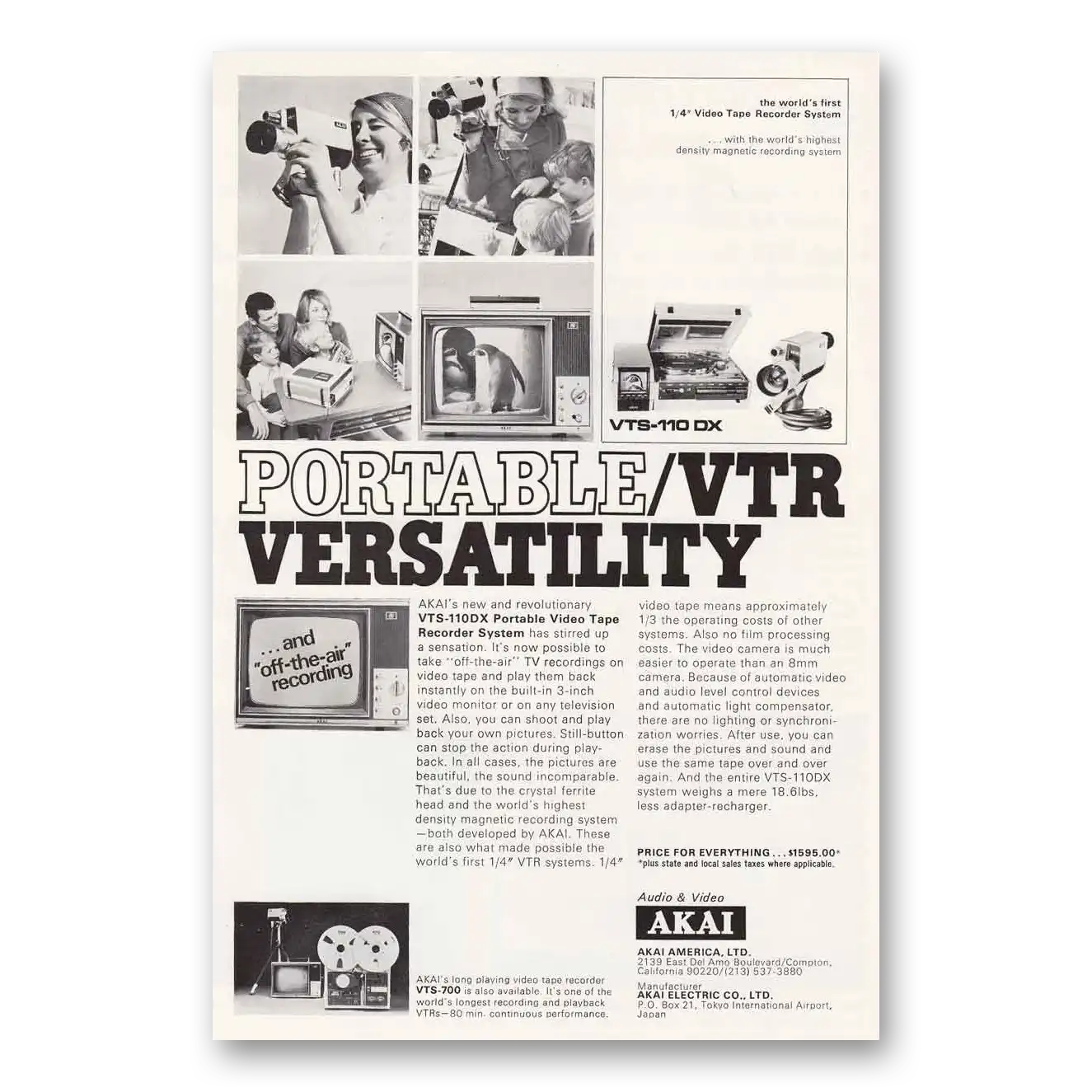 1971 Akai Video Tape Recorder Portable/VTR Versatility New and Revolutionary Vintage Magazine Print Ad