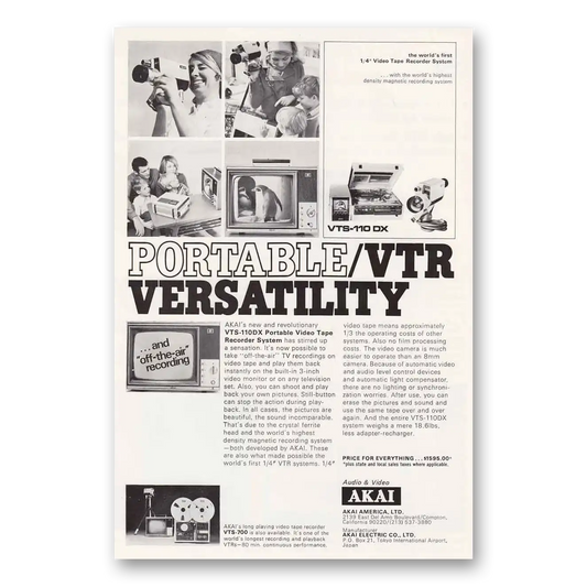 1971 Akai Video Tape Recorder Portable/VTR Versatility New and Revolutionary Vintage Magazine Print Ad