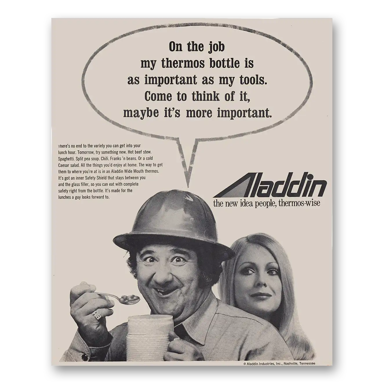 1971 Aladdin Thermos Bottle On the Job Vintage Magazine Print Ad