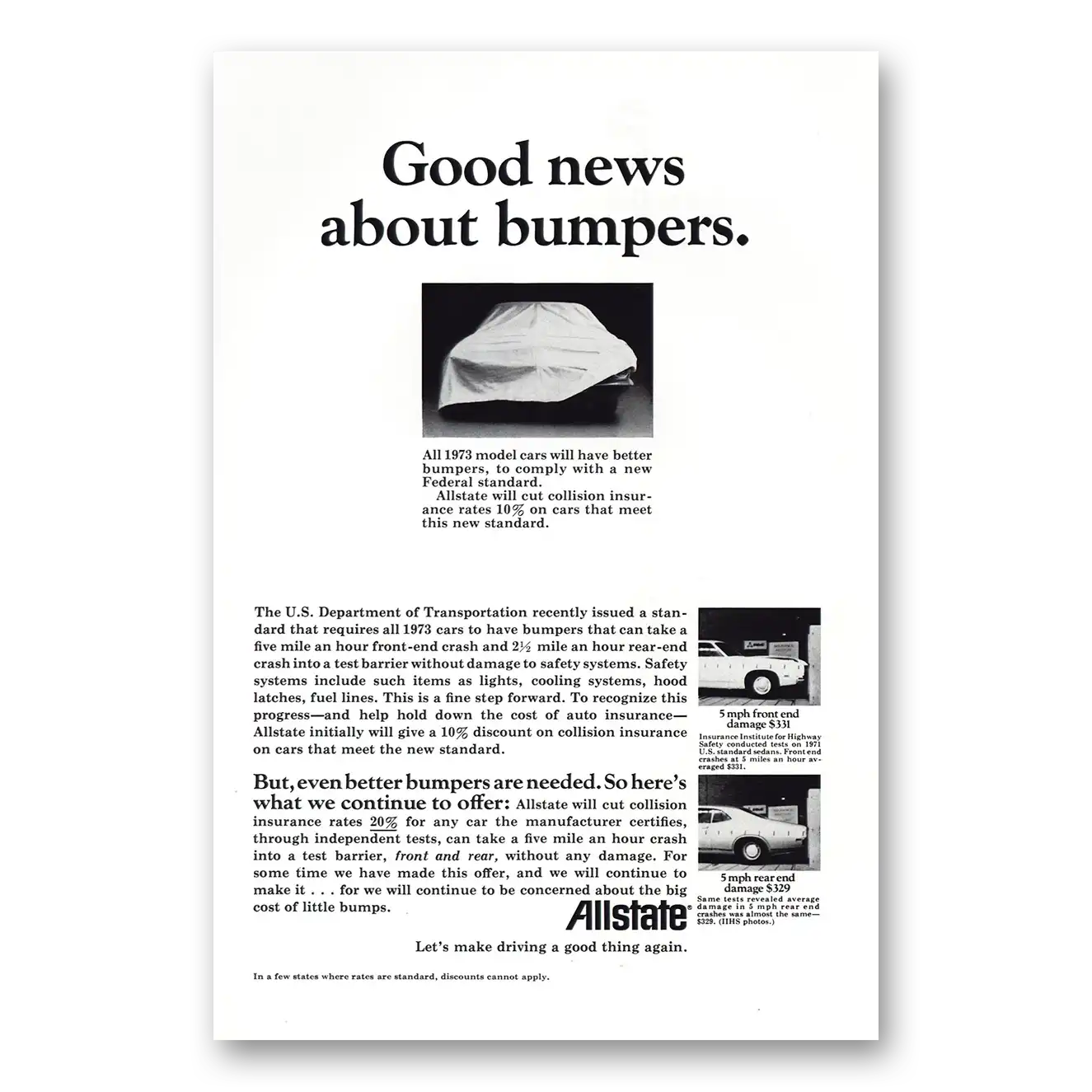 1971 Allstate Insurance Good News About Bumpers Vintage Magazine Print Ad