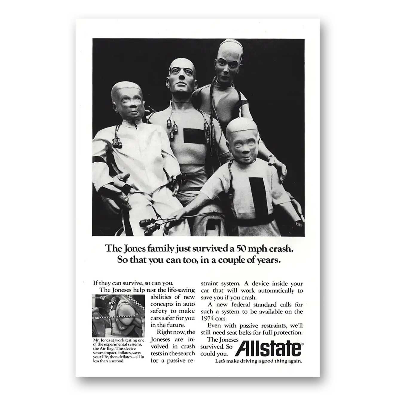 1971 Allstate Insurance Jones Family Survived a 50 mph Crash Vintage Magazine Print Ad