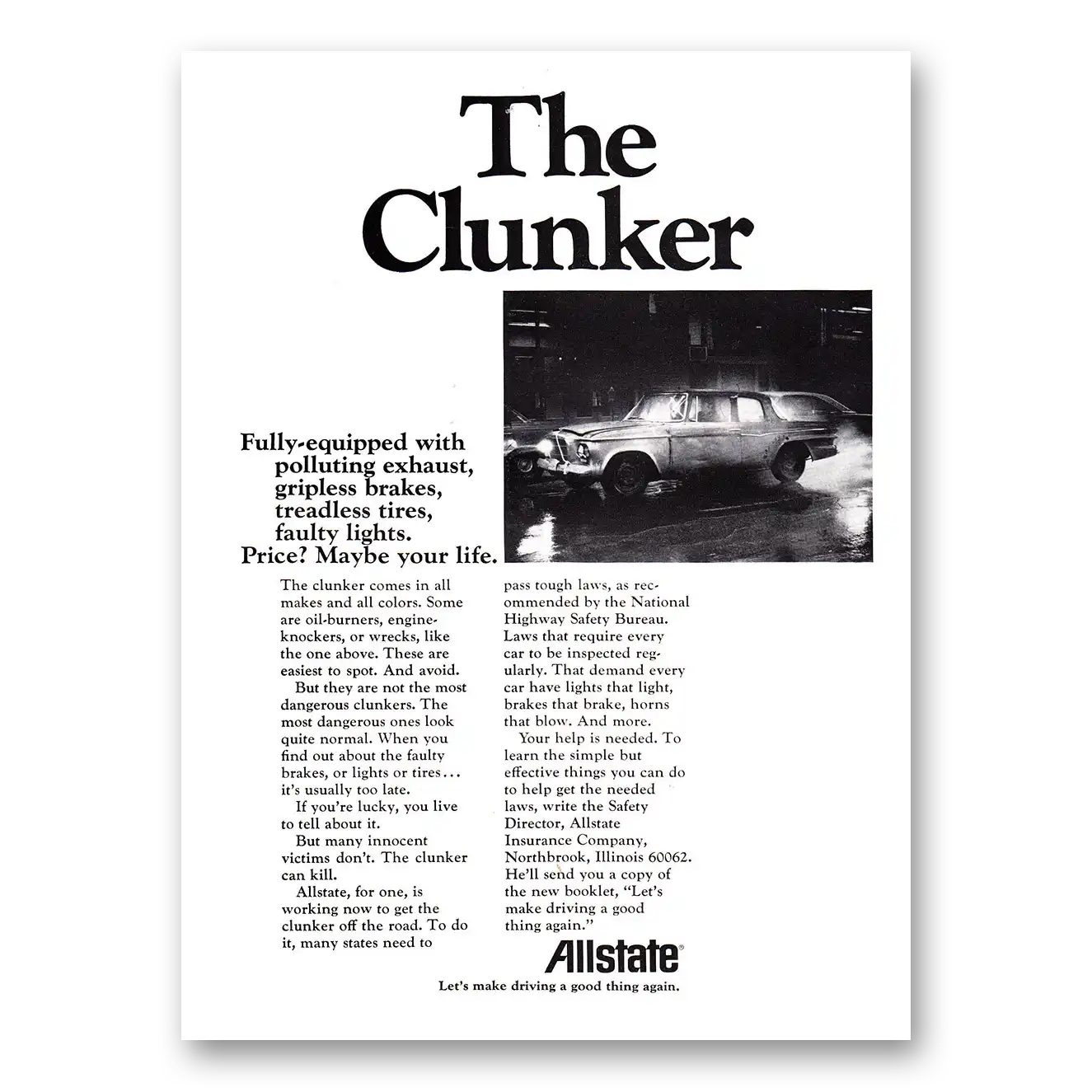 1971 Allstate Insurance Clunker Polluting Exhaust Vintage Magazine Print Ad