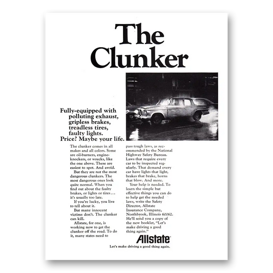 1971 Allstate Insurance Clunker Polluting Exhaust Vintage Magazine Print Ad