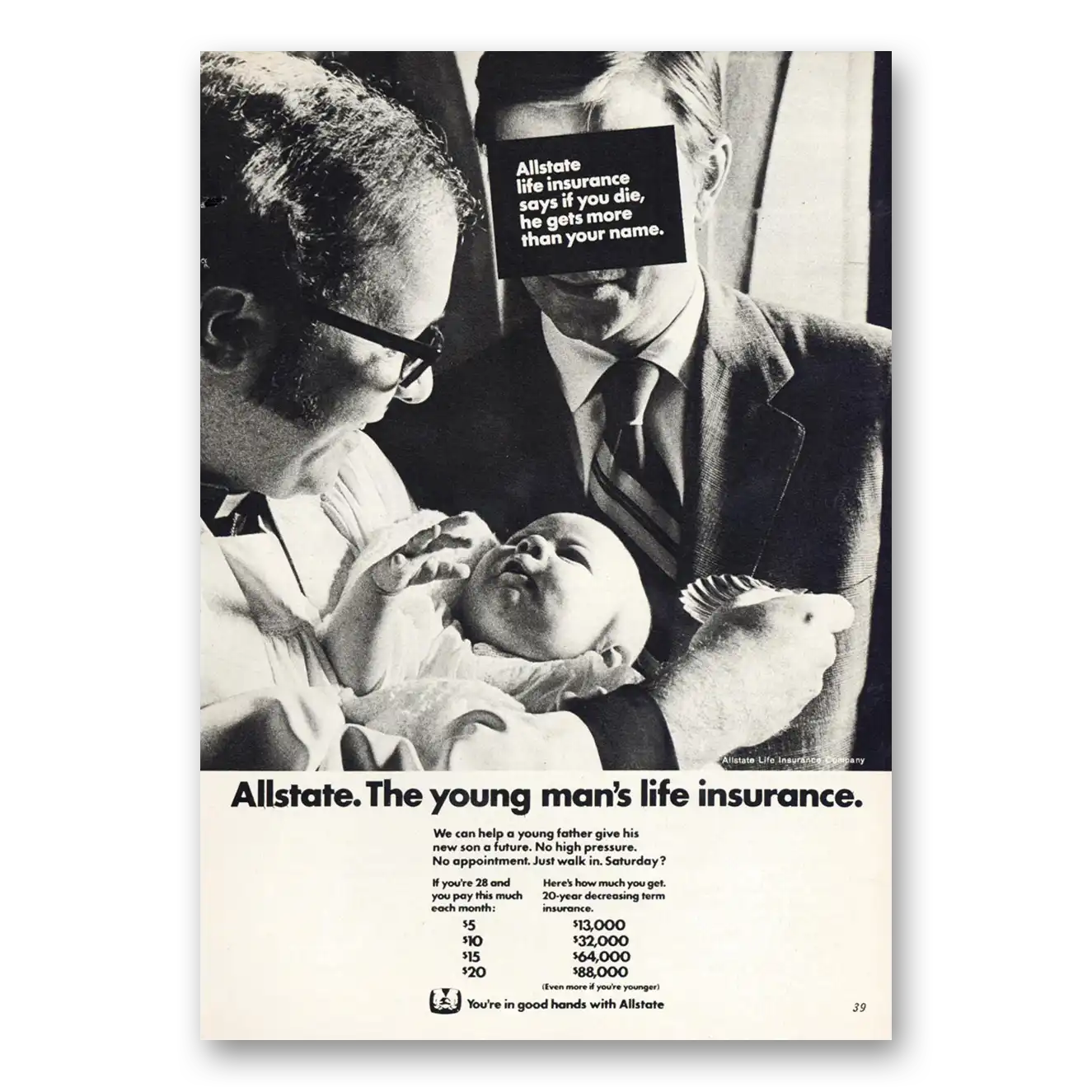 1971 Allstate Insurance You Die He Gets More Than Your Name Vintage Magazine Print Ad