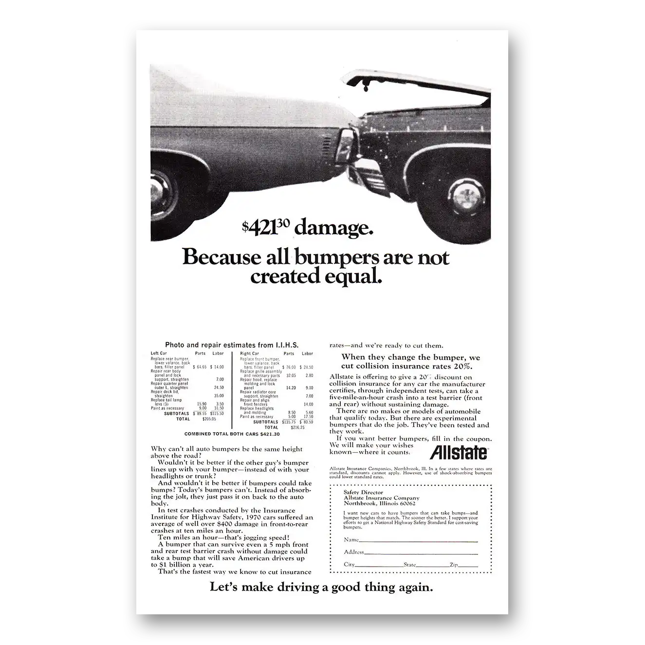 1971 Allstate Insurance Because All Bumpers Are Not Created Equal Vintage Magazine Print Ad