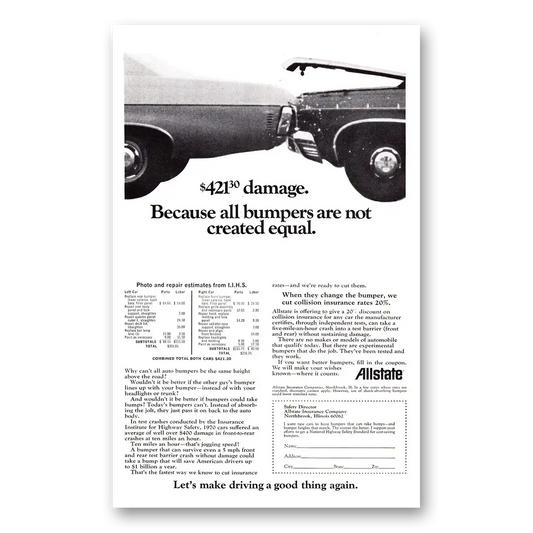 1971 Allstate Insurance Because All Bumpers Are Not Created Equal Vintage Magazine Print Ad