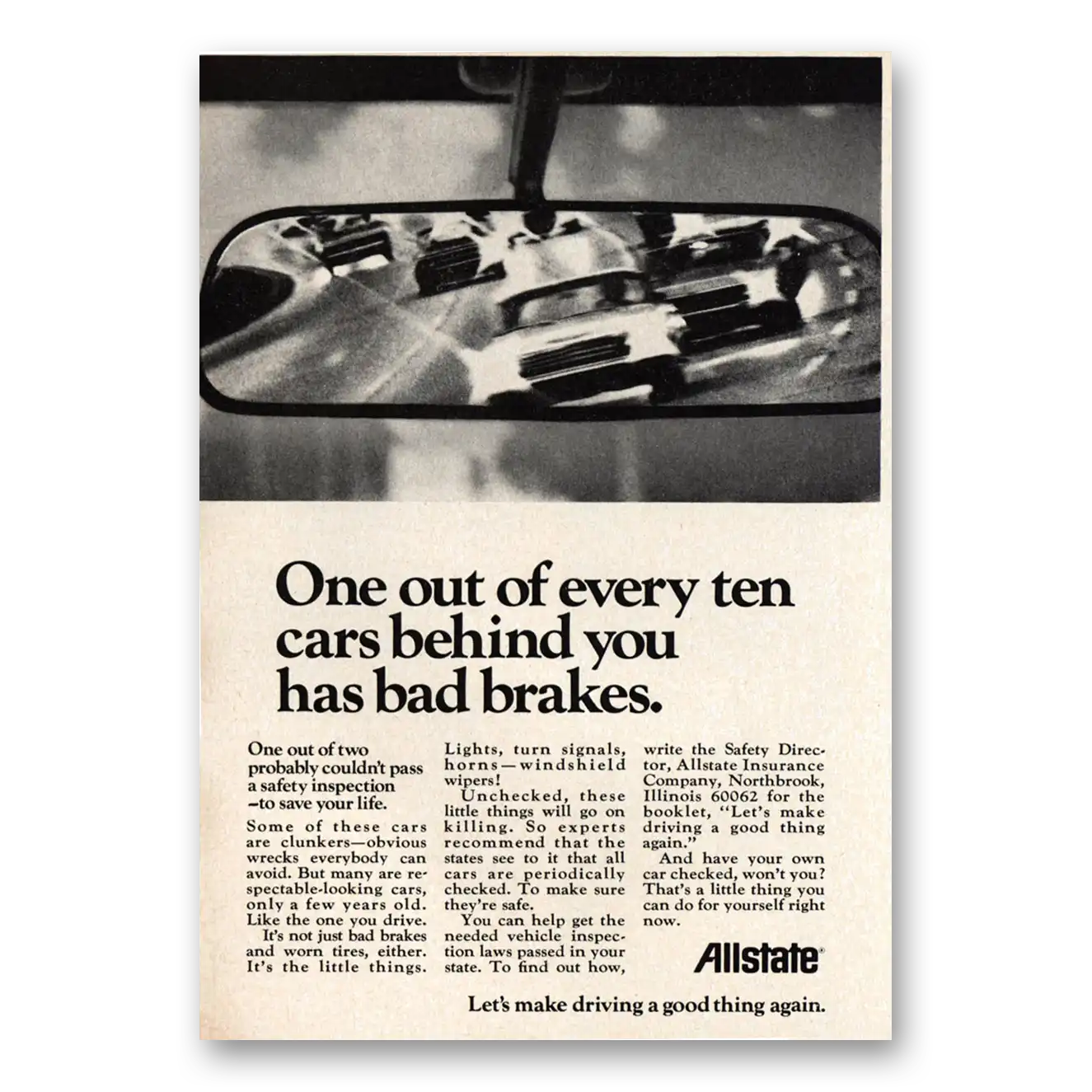 1971 Allstate Insurance One Out of Every Ten Cars Bad Brakes Vintage Magazine Print Ad